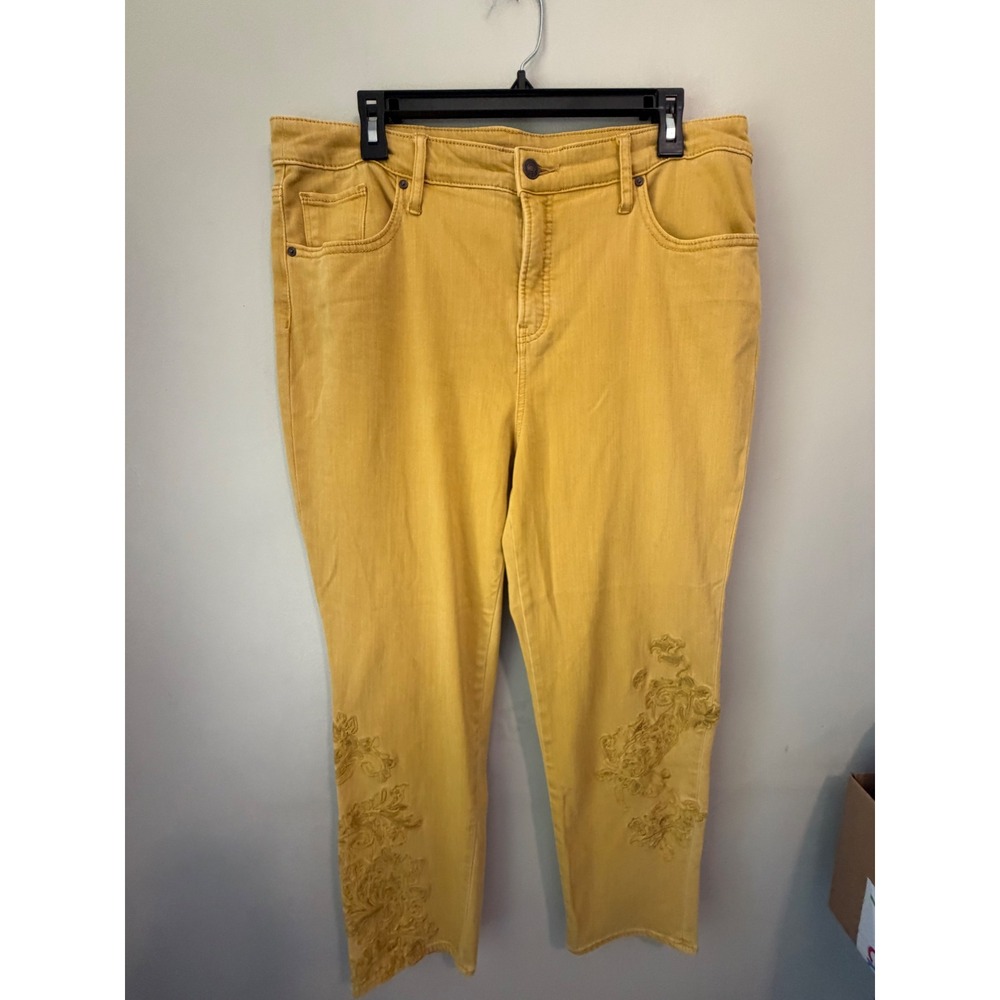 Chico's So Slimming Girlfriend Slim Leg Ankle Mustard Yellow Embroidered Jeans 2